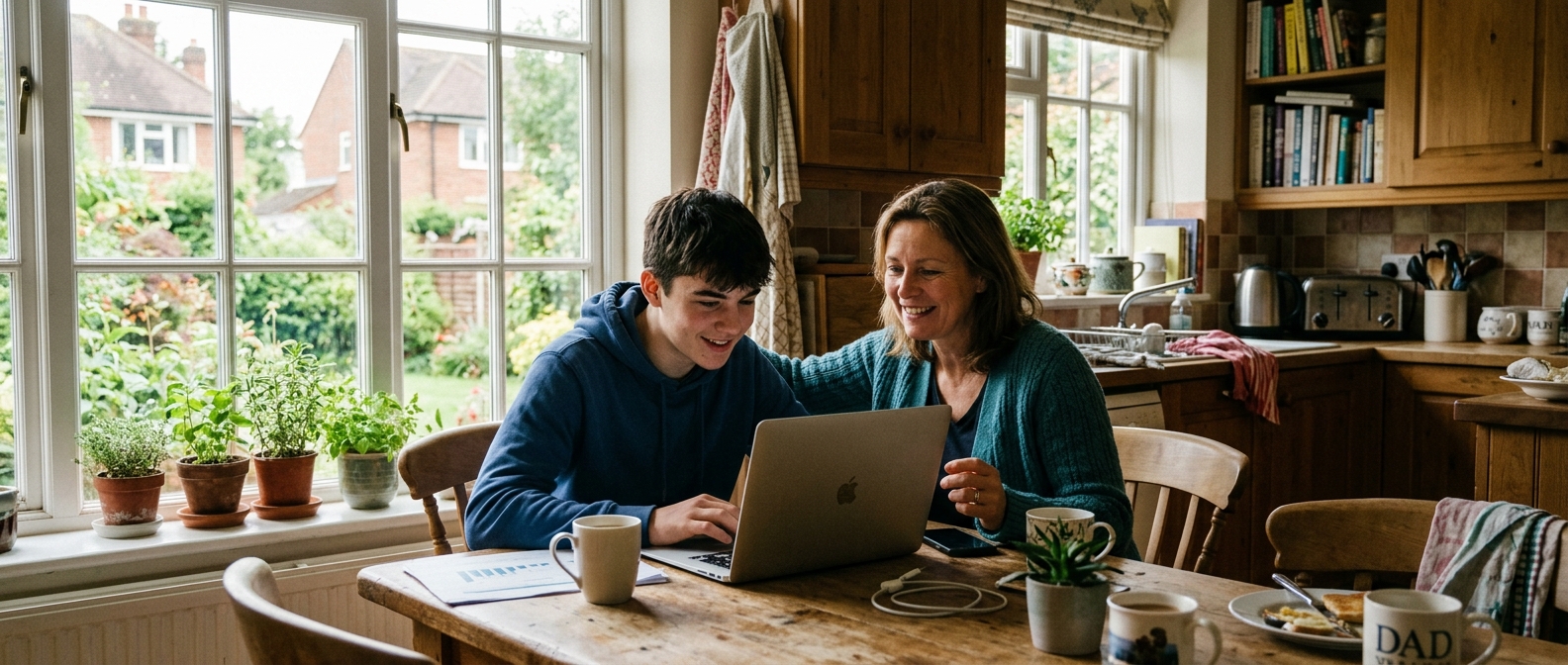 A parent and teenager researching the meningitis B vaccine before university at home near Epsom