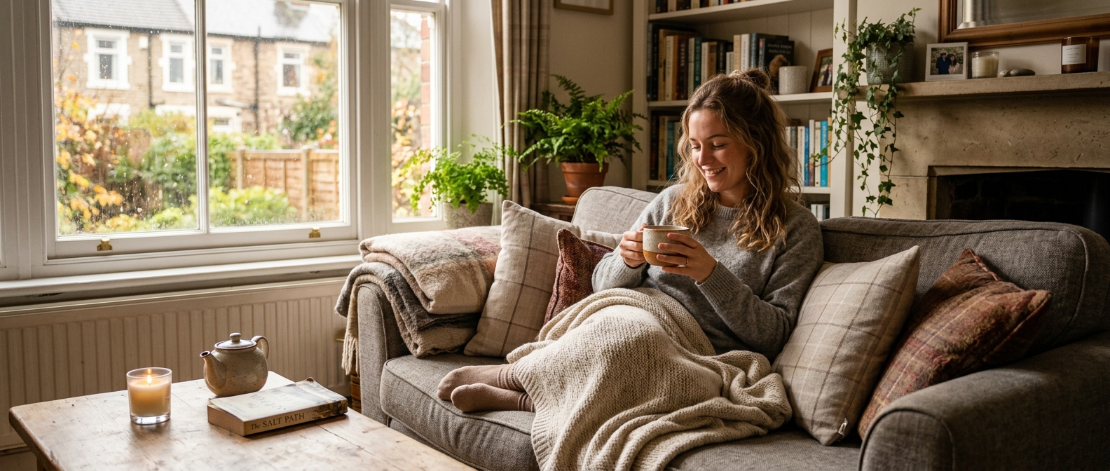 A young adult resting comfortably at home, reflecting the mild short-lived side effects of the meningitis B vaccine