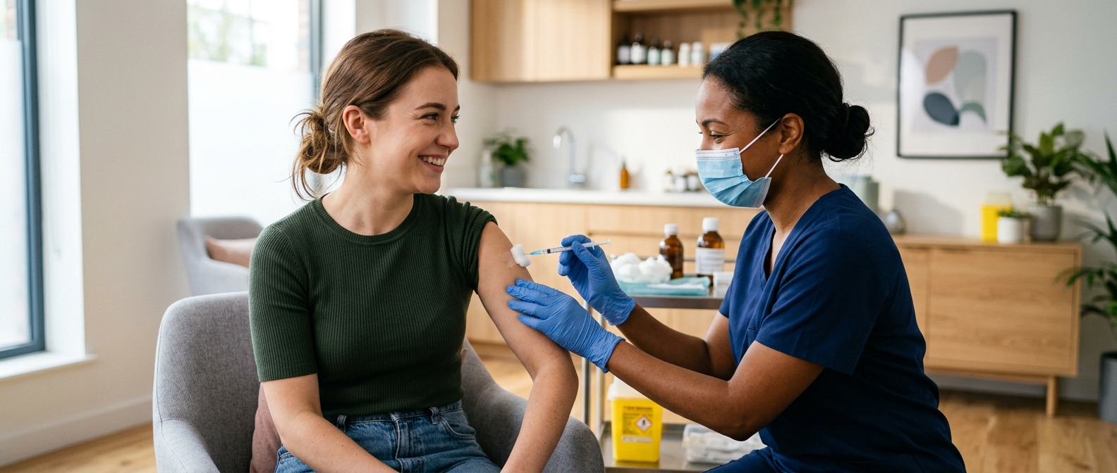 A young adult receiving the meningitis B vaccine from a healthcare professional at a community pharmacy