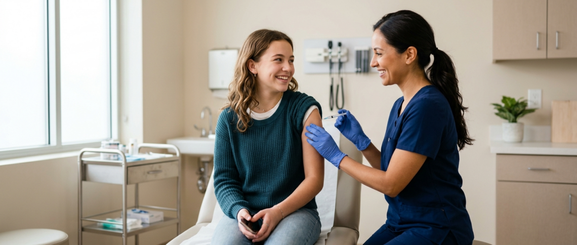 A teenager receiving a meningococcal vaccination from a healthcare professional