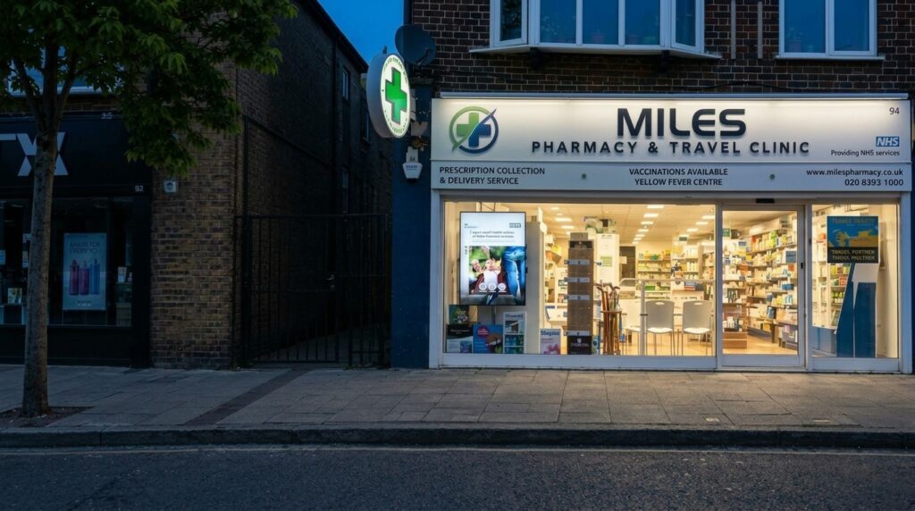 The Miles Pharmacy & Travel Clinic shopfront on Chessington Road, Ewell, Epsom, at dusk