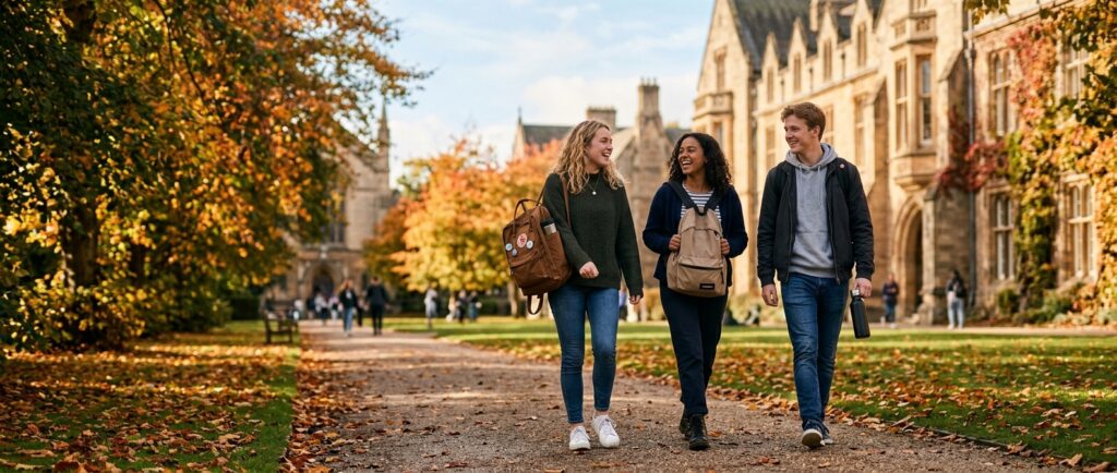 University students walking across campus — meningitis B vaccination at Miles Pharmacy, Epsom