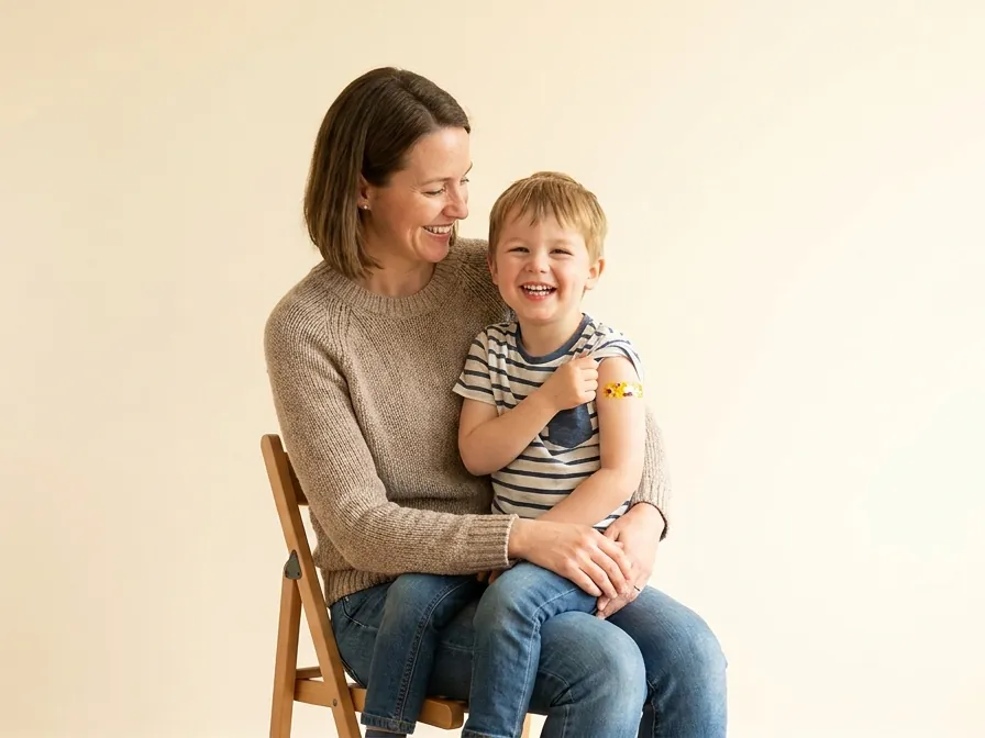 A mother with her young son on her lap, a plaster on his arm after a vaccination