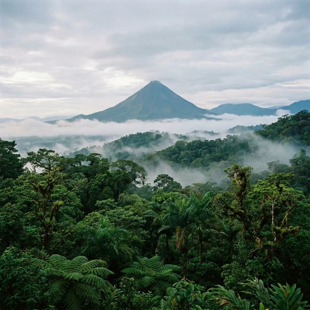 Rainforest and a volcano under low cloud in Costa Rica