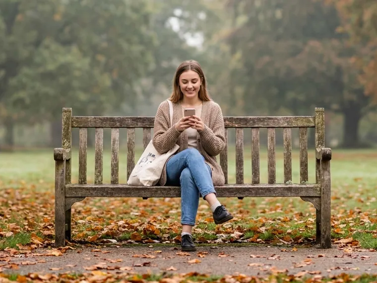 A young woman sitting on a park bench, calmly checking her phone