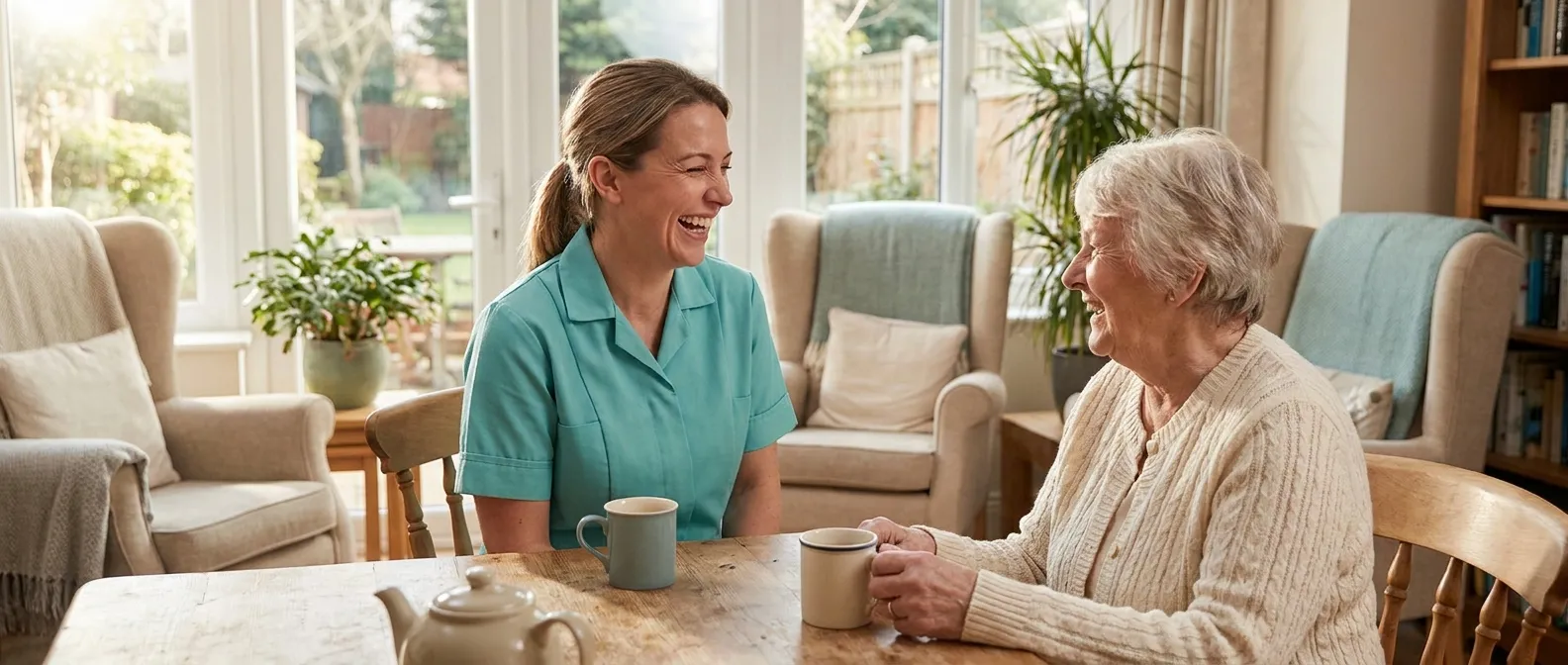 A care worker in a teal tunic laughs with an older woman over cups of tea in a bright care home lounge.