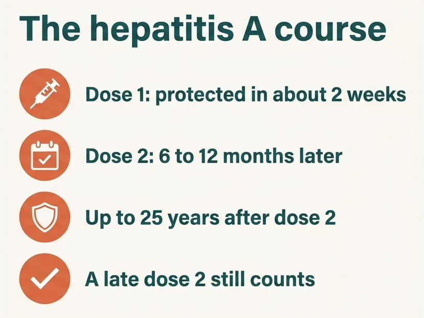 The hepatitis A course: after dose 1, most people are protected in about 2 weeks. Dose 2 comes 6 to 12 months later and gives up to 25 years of protection. A late second dose still counts and the course never restarts.