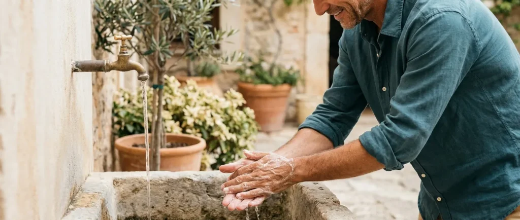 A man washes his hands with soap under an outdoor tap in a sunny courtyard.