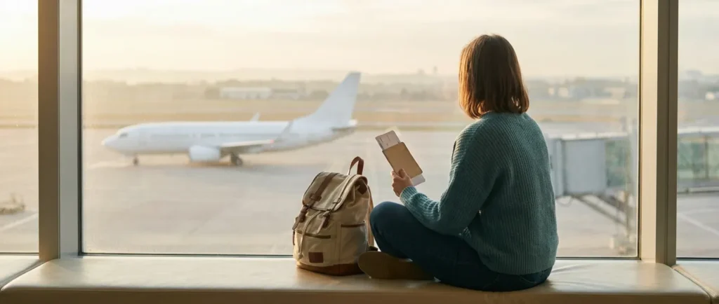 A traveller sits on a window seat in an airport departure lounge with her passport, boarding pass and backpack, looking out at a plane.