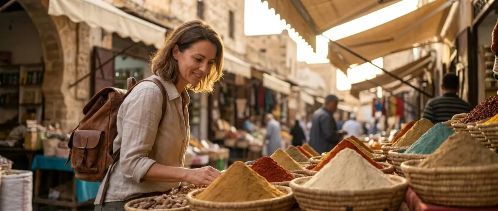 A traveller with a backpack browses baskets of spices at an open-air market.