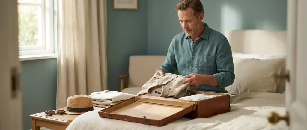 A man packs linen clothes into a suitcase on his bed, with a straw hat and sunglasses beside it.