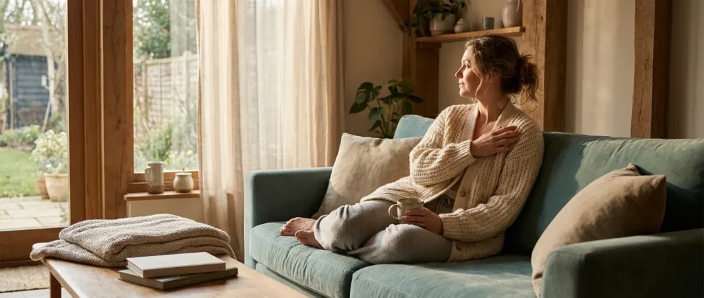 A woman rests on a sofa at home with a mug of tea, her hand on her upper arm.