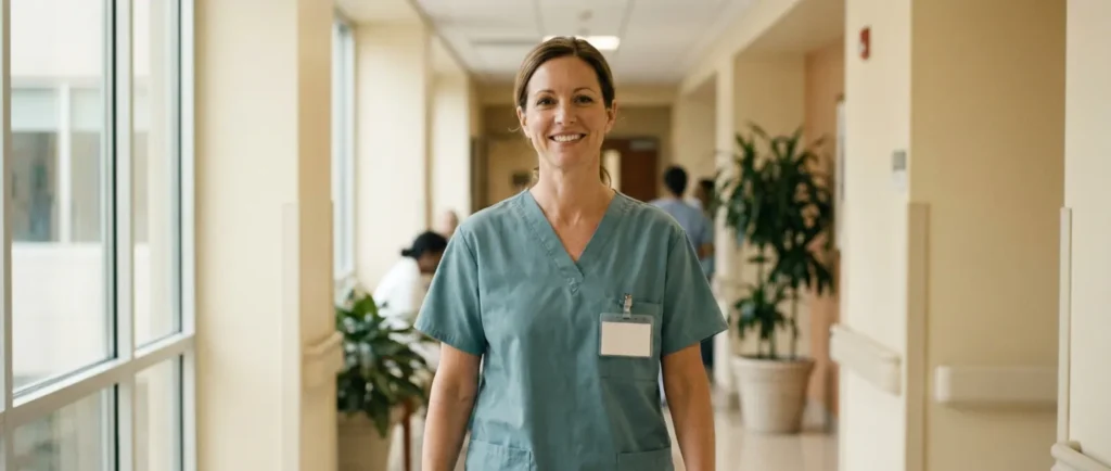 A smiling healthcare worker in teal scrubs walks along a hospital corridor.