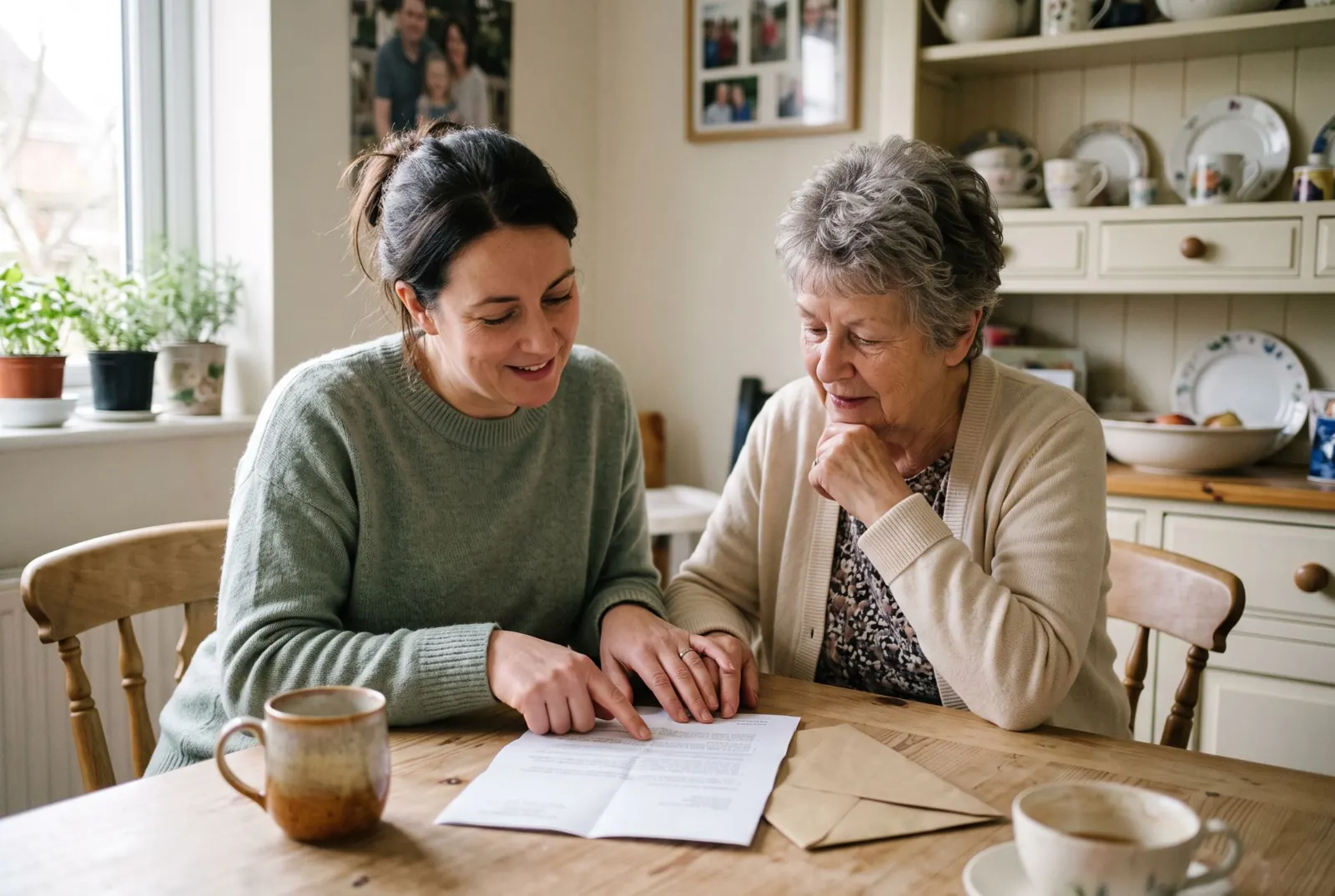 A younger and an older woman read a letter together at a kitchen table, one pointing to a line on the page.