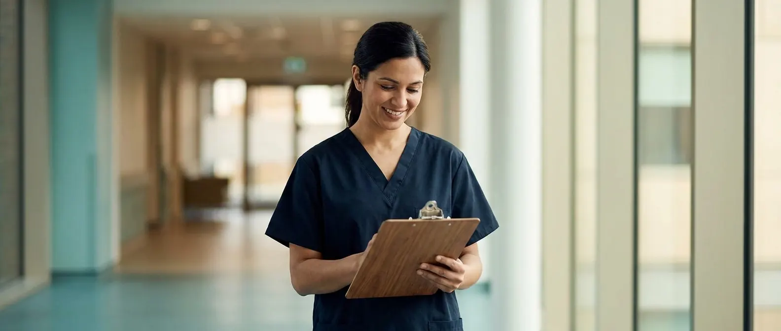A healthcare assistant in navy scrubs checks a clipboard in a bright hospital corridor.