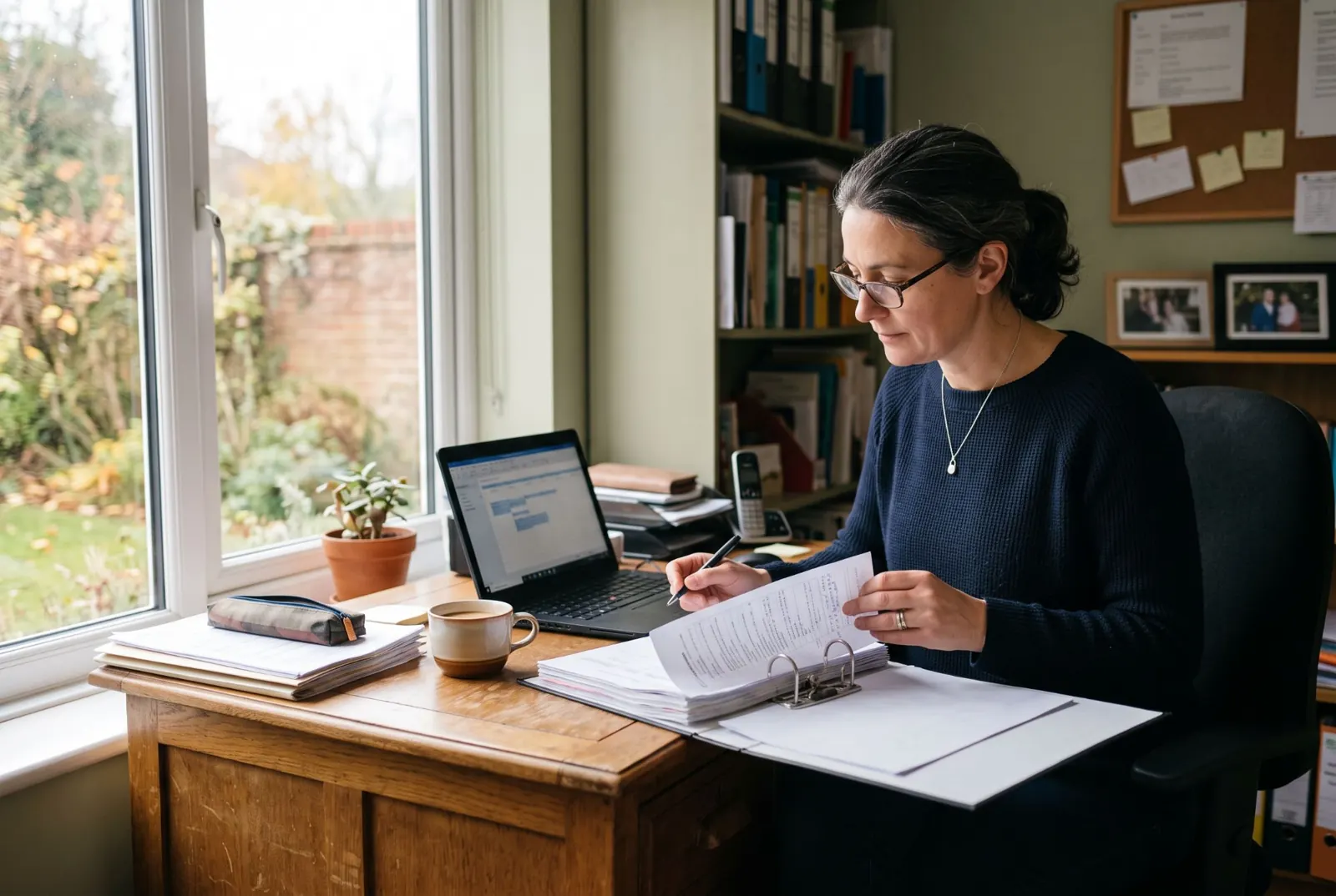 At a desk by a window, a woman works through printed forms in a ring binder, pen in hand, with a laptop open alongside.