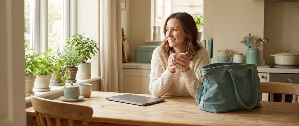 A woman smiles at a kitchen table with a mug of tea, a closed laptop and a travel bag.