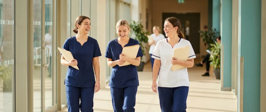 Three student nurses in scrubs walk and chat along a bright university corridor.