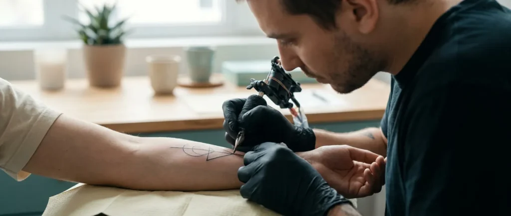 A tattoo artist wearing black gloves tattoos a line design on a client's forearm.