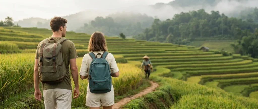Two backpackers walk along a path through green rice terraces.