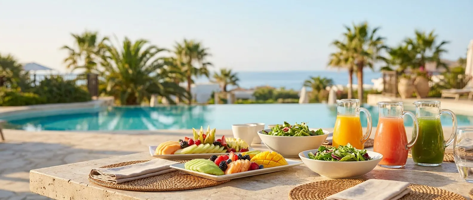 A hotel breakfast table of fresh fruit, salads and juices beside a swimming pool and palm trees.