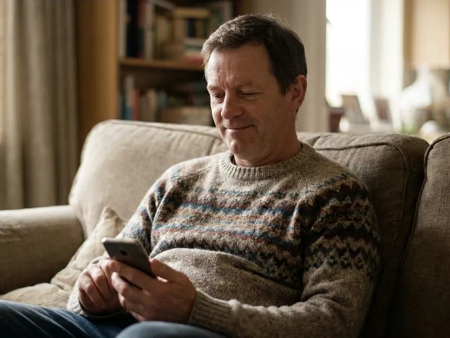 A man in his forties on a sofa at home reading on his phone
