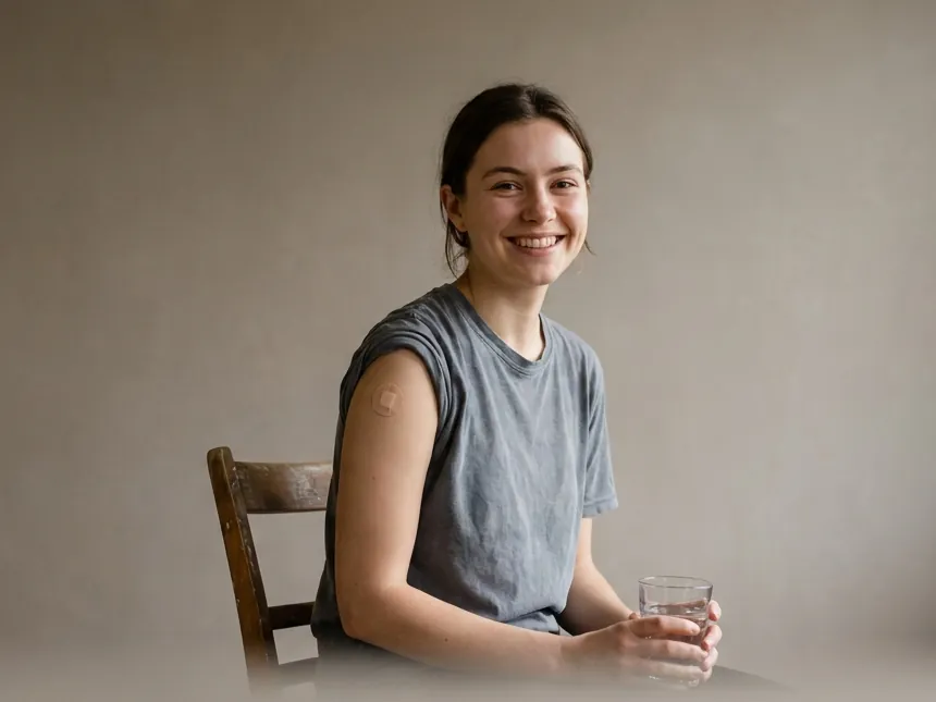A young woman with a plaster on her upper arm resting with a glass of water after a vaccination