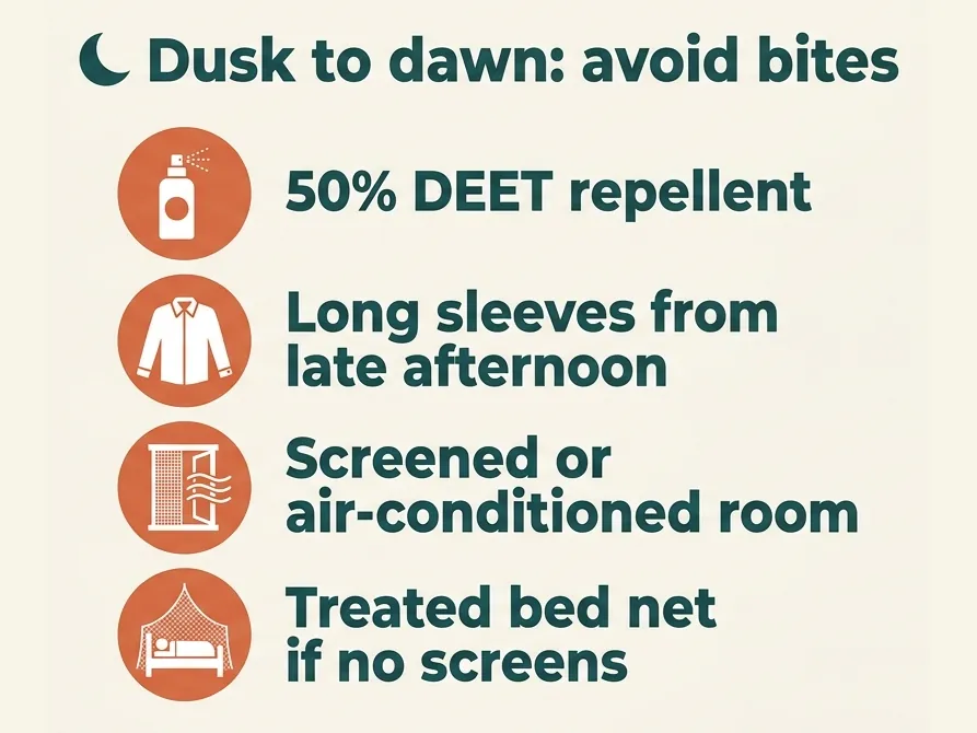 Dusk to dawn, avoid mosquito bites: use 50% DEET repellent, wear long sleeves from late afternoon, sleep in a screened or air-conditioned room, and use a treated bed net if there are no screens.
