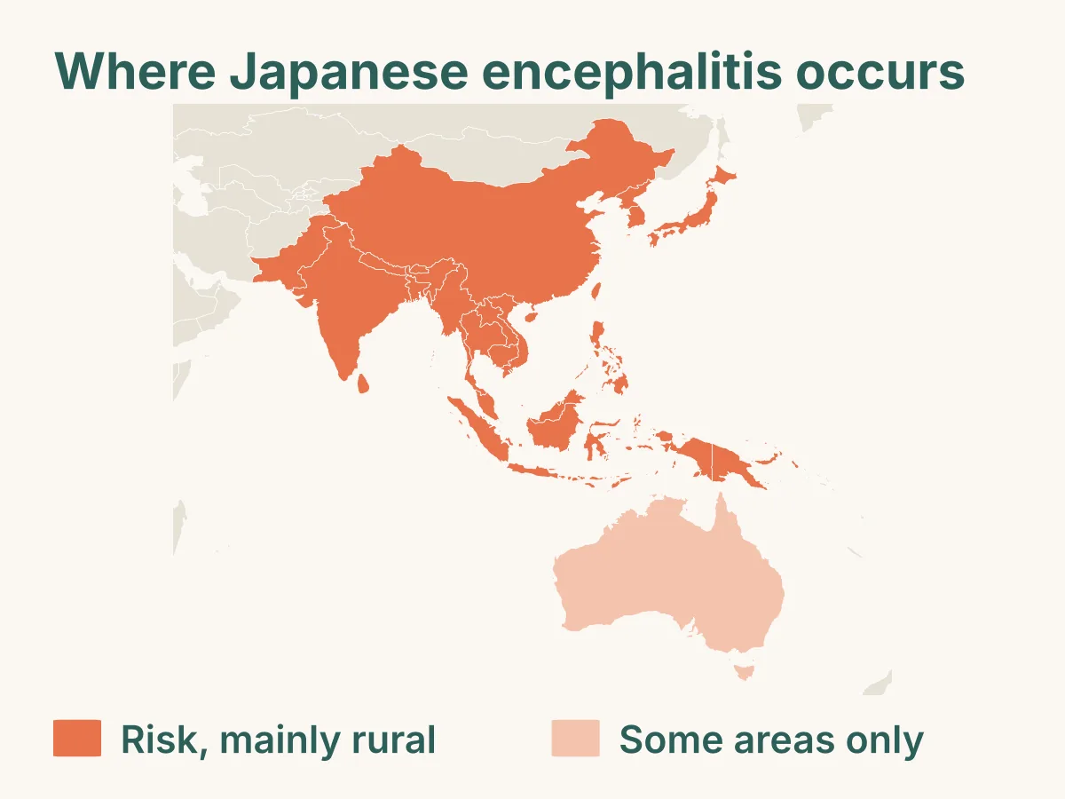 Map of Asia and the Western Pacific showing countries with Japanese encephalitis risk, mainly in rural areas: from Pakistan and India across South and South-East Asia to China, the Koreas, Japan, the Philippines, Indonesia and Papua New Guinea, with some areas of Australia.
