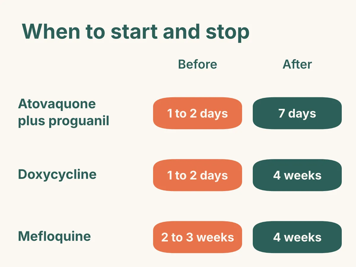 When to start and stop malaria tablets: atovaquone plus proguanil, 1 to 2 days before and 7 days after; doxycycline, 1 to 2 days before and 4 weeks after; mefloquine, 2 to 3 weeks before and 4 weeks after.
