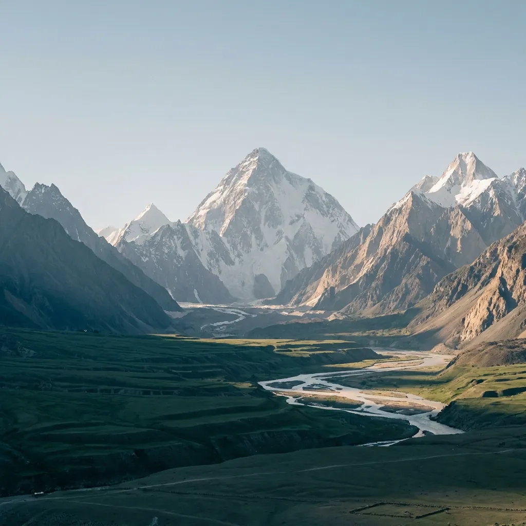 Snow-capped Karakoram mountains above a river valley in northern Pakistan