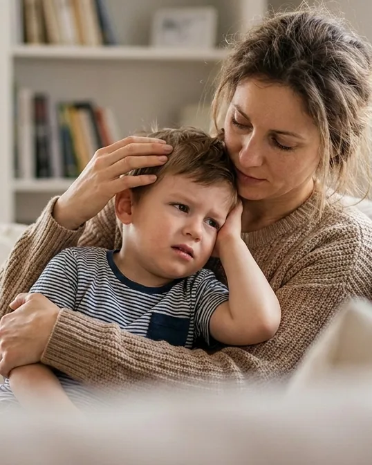 A mother on a sofa comforting her young son, who holds his hand over his sore ear
