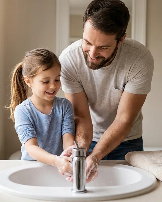 A father helping his young daughter wash her hands with soap at home