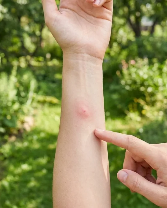 A red, slightly swollen insect bite on an adult's forearm in a garden