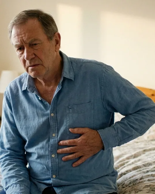 A man in his sixties sitting on his bed, holding the side of his ribs in pain