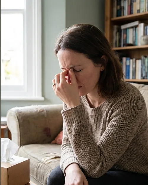 A woman at home pressing her fingers to the bridge of her nose with sinus pain