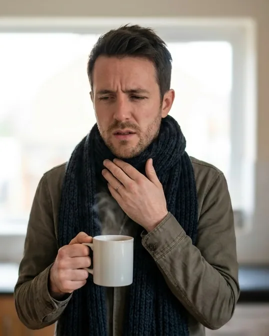 A man at home with a scarf and a warm drink, touching his sore throat