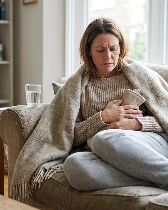 A woman on a sofa holding a hot water bottle to her lower tummy, with a glass of water nearby