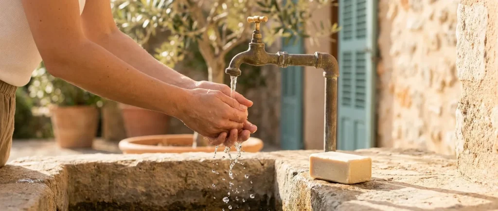Hands being rinsed under a running outdoor tap beside a bar of soap in a sunny garden.