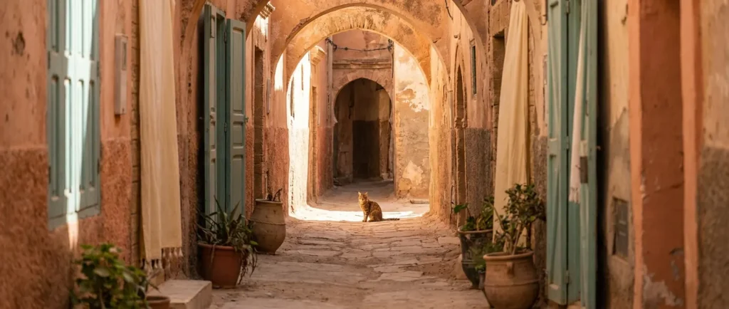 A stray tabby cat sits in a sunlit alley of terracotta walls and arched doorways.