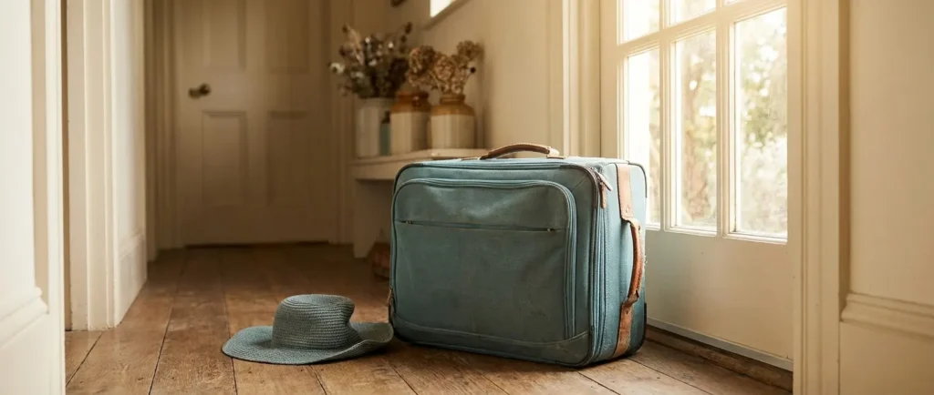 A packed blue suitcase and a sunhat waiting by the front door of a bright hallway.
