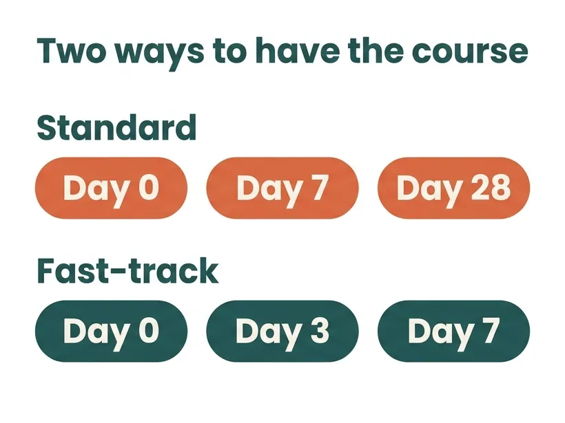 Two ways to have the rabies course: standard on days 0, 7 and 28 (the third dose can be from day 21), or fast-track on days 0, 3 and 7, with a fourth dose at one year if you'll be at risk again.