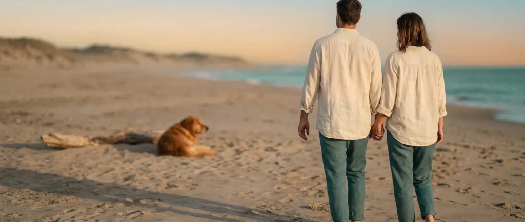 A couple walk hand in hand along a sandy beach at sunset, with a dog lying by driftwood in the distance.