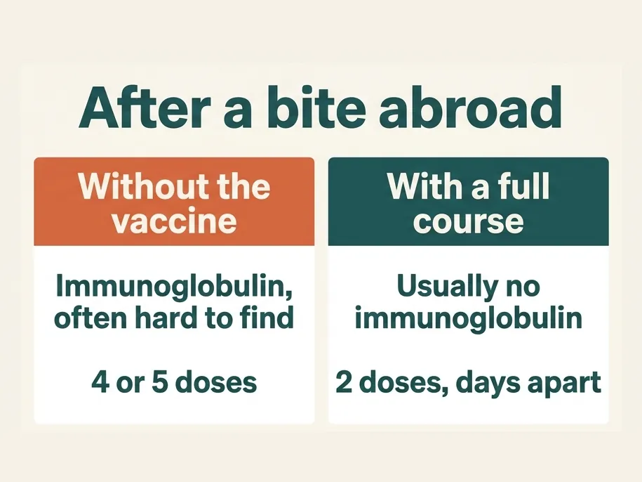 After a bite abroad: without a pre-travel vaccine you need immunoglobulin, which is often hard to find, and 4 or 5 vaccine doses. With a full course you usually need no immunoglobulin and 2 vaccine doses a few days apart. Wound care comes first either way.