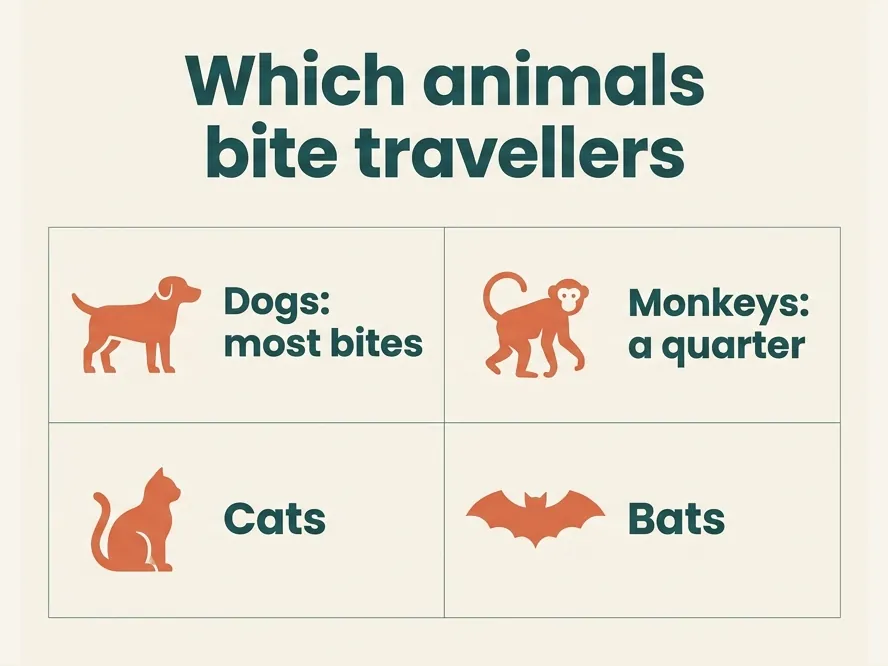 Which animals bite travellers: dogs cause most exposures, monkeys about a quarter, followed by cats and bats.