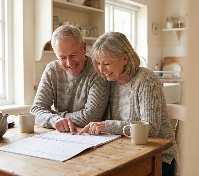 A couple in their sixties at a kitchen table choosing a date on a calendar