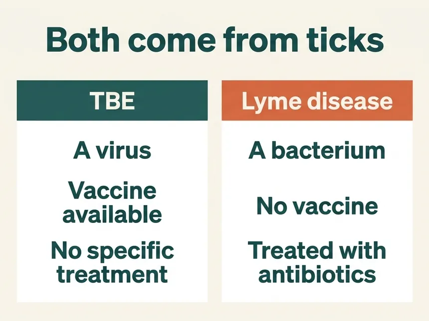 TBE and Lyme disease both come from ticks. TBE is a virus, with a vaccine available and no specific treatment. Lyme disease is a bacterium, with no vaccine, and is treated with antibiotics.
