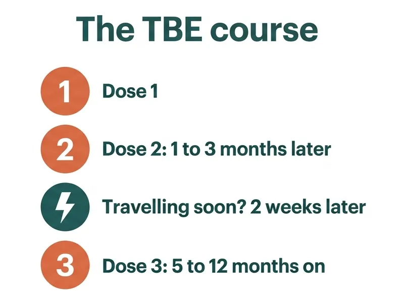 The TBE vaccine course: dose 1, then dose 2 one to three months later, or two weeks later if you're travelling soon, then dose 3 five to 12 months after dose 2.