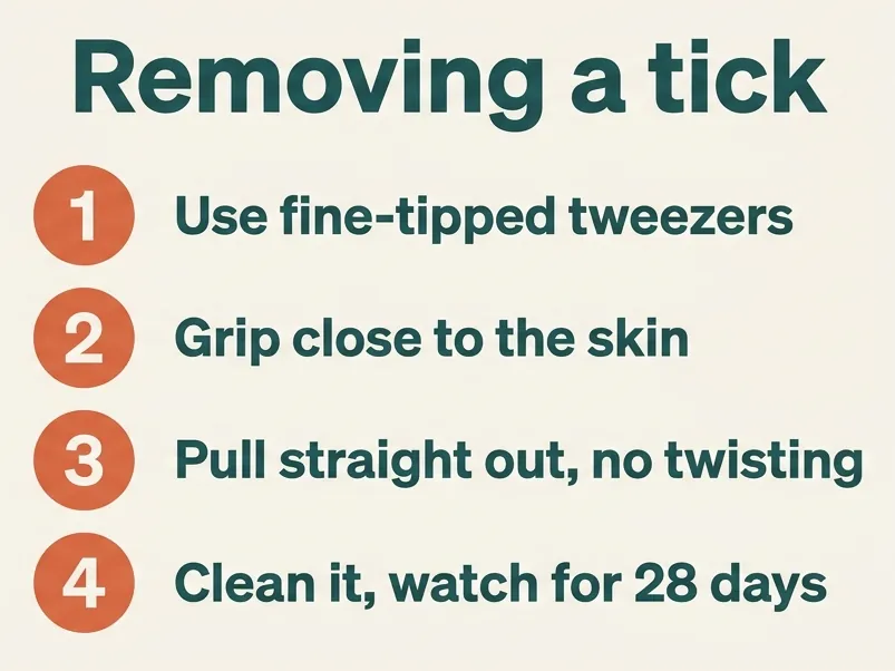Removing a tick in four steps: use fine-tipped tweezers, grip close to the skin, pull straight out without twisting, then clean the area and watch for symptoms for 28 days.