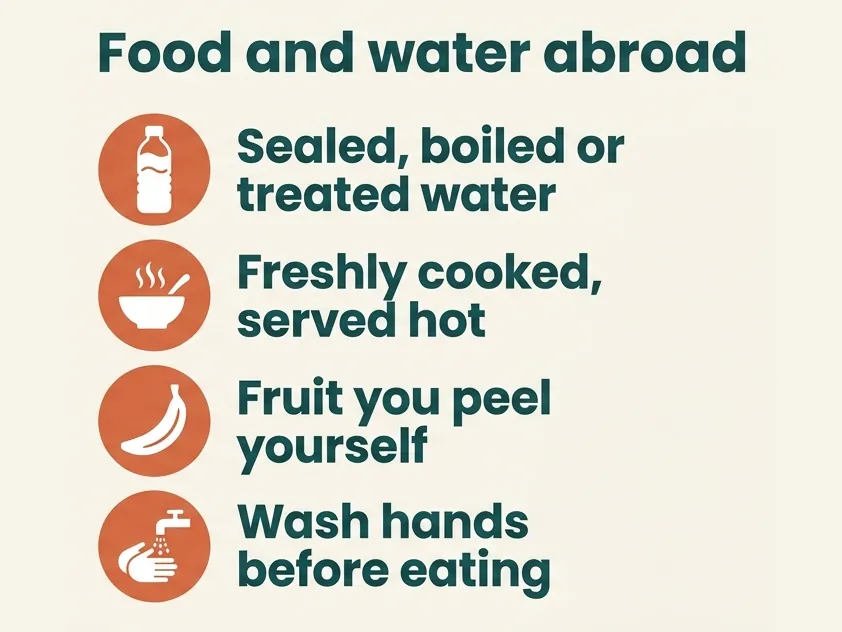 Food and water abroad: drink sealed, boiled or treated water, eat food that's freshly cooked and served hot, choose fruit you peel yourself, and wash your hands before eating.
